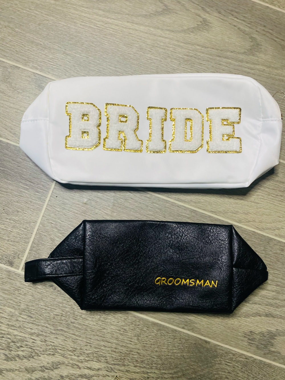 White and Black Bride and Groomsman Toiletry Bags with Gold Embroidery